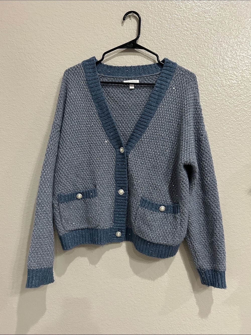 LC Lauren Conrad Dusty Blue Sparkly Textured Button Up Cardigan Sz L TC0117